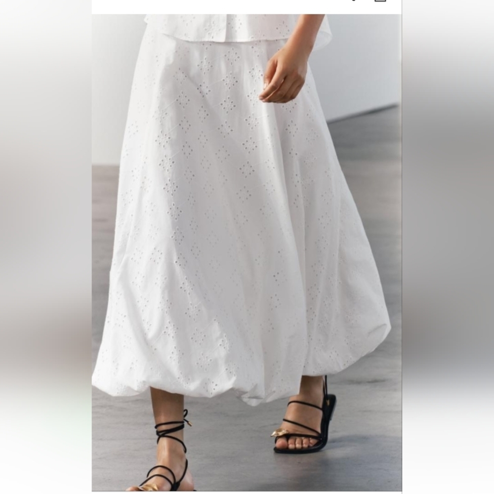 Zara ZW Collection Voluminous Eyelet Embroidered Coastal CottonLong Skirt Sz-L